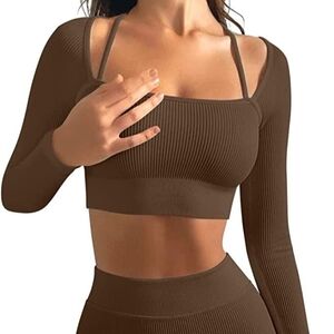OQQ Crop Tops Ribbed Long Sleeve Workout Tops - Brown SIZE MEDIUM NWOT